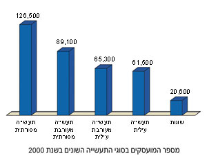 מספר המועסקים בסוגי התעשייה השונים בשנת 2000